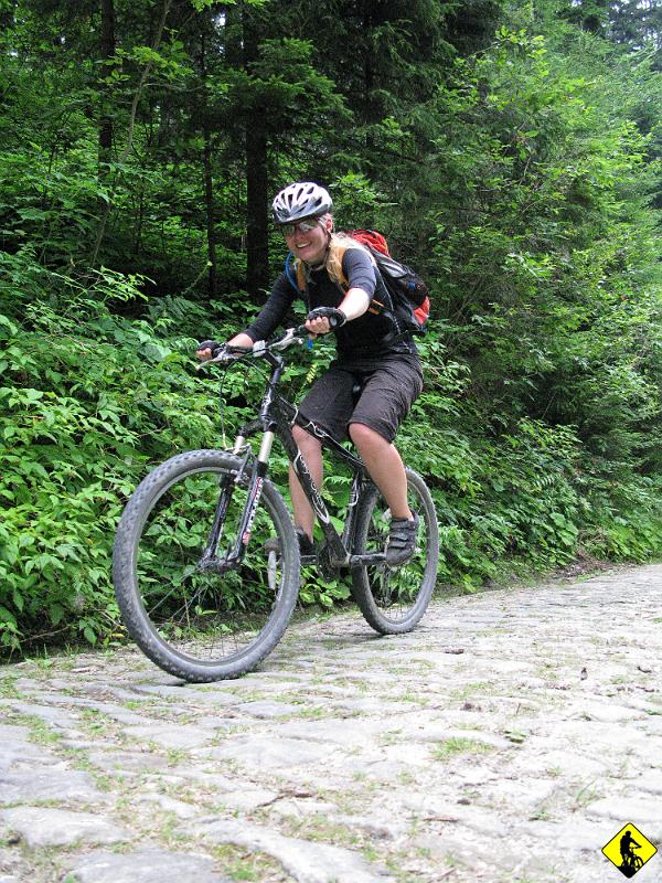 IMG_3208.jpg - Na Prze(c)hybę częściowo prowadzi droga ułożona kostką. Dramat dla full’a. Co każda „kostka” to zawiecha wpada i traci się dużo więcej energi niż miałoby się HT. No ale coś za coś. To 11km trwało dłużej niż przypuszczałem, ale podjazd ciekawy, może dlatego, że jechaliśmy nim pierwszy raz i nikogo nie spotkaliśmy na drodze.