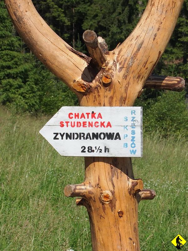 11.jpg - Pod Bacówką pod Wierchomlą swoją reklamę ma Chatka studencka, do której dotrzecie z buta po ok. 28 i pół godzinach. Zastanawiam się skąd pomysł na ustawienie tego znaku z takim kosmicznym czasem przejścia.