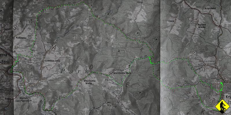 mapa.jpg - Jak ktoś chce i lubi się masakrować, to niech uderza na Jaworzynę i Wierchomlę z siodła. Bez tego i tak wychodzi ok. 60km. Wydaję mi się, że ciężko będzie wymyślić fajniejszą trasę. Absolutny klasyk tego regionu! PoZdRo.