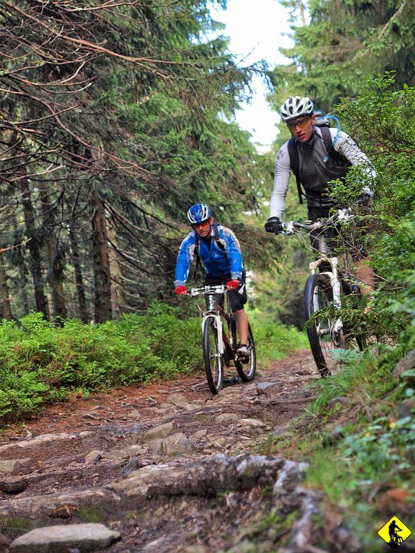 15.jpg - Za Rysianką Tomek oznajmia, że skończyły mu się klocki hamulcowe w V’kach. Boli go też nadgarstek, po małej przygodzie z matką ziemią. Dodatkowo dodam, że już w domu zauważyliśmy pęknięcie na jego kasku, czyli dynią też zaorał o glebę.