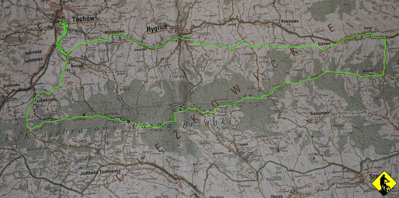 mapa.jpg - Łącznie wyszło ok. 55km w tym terenu ok. 20-25km, gdyż szlak żółty wiódł czasami również asfaltowymi drogami łączącymi małe wioski. Końcówkę pomyliliśmy i ominęliśmy Nosalową. O jeden 3kilometrowy zjazd mniej. Cóż… No następnego! PoZdRo.
