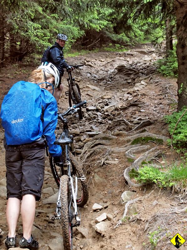 10a.jpg - Szczyt broni się ostrym podejściem, gdzie tylko Dżony nie wnosił swojej maszyny, mówiąc: "Jak ją mom to se pchom" :) Ja zdecydowanie wolę wnosić, niż walczyć z blokującym się kołem na dużych kamieniach.