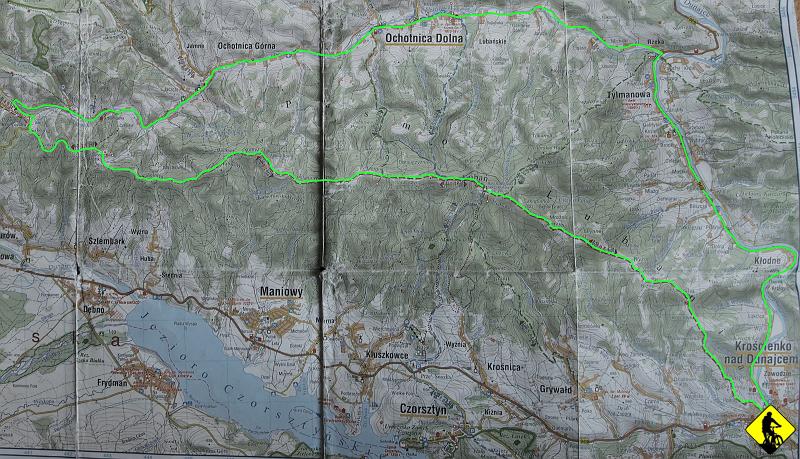 mapa.jpg - Trasa liczy 56km, z czego 31km to asfalt. Łącznie 1400m w pionie. Zajęło nam to 6,5h z dwoma przerwami na jedzienie, jedną na zmianę gumy i  jeden powrót na szlak ( brak oznaczenia przy rozwidleniu dróg). PoZdRo.