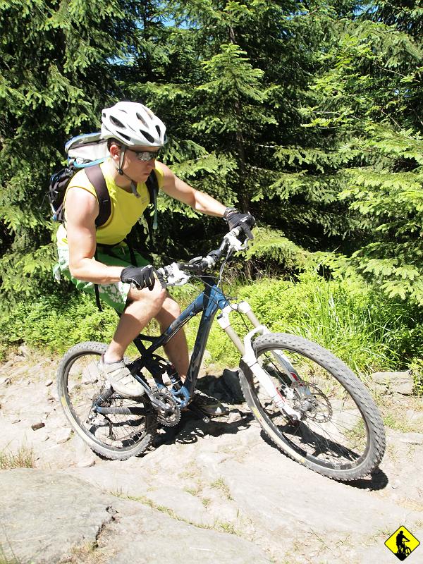 P7031720.jpg - Szlak na Kiczorę zmienia się w iście księżycową krainę. Ogromne gładkie kamienie wystające z ziemi. Później dochodzą wystające kikuty wiatrołomów. Brakuje tylko mgły, by poczuć się jak w świecie z tanich horrorów :)