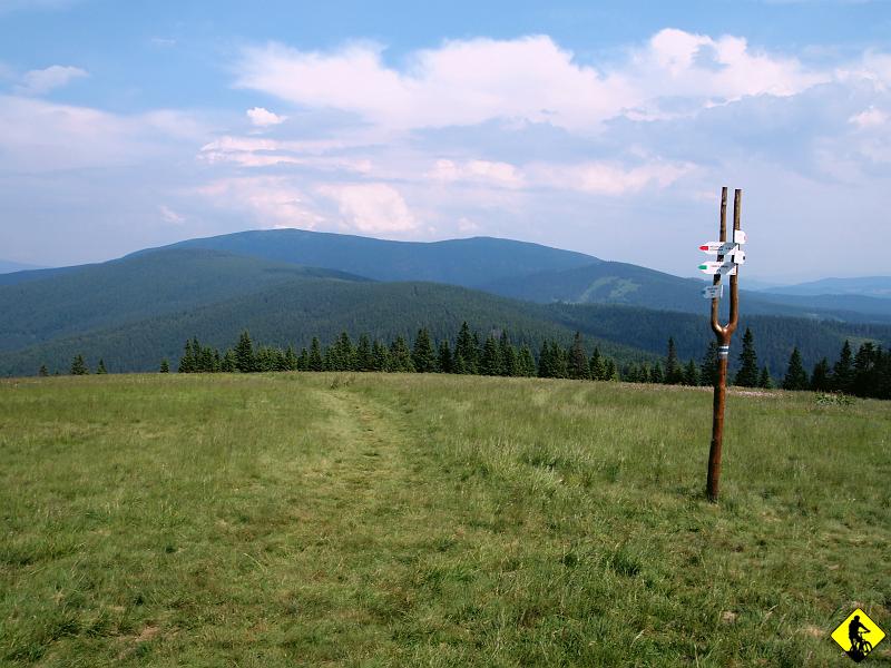 P7011604.jpg - Wspomnienie poprzedniego sezonu - Pilsko. Kawał góry  (prawdopodobnie ta po lewej :) bo wyższa :) Z hali trasa pokrywa się częściowo z tą, którą jechaliśmy z Jurkiem. Kierujemy się czerwonym szlakiem na Suchy Groń.