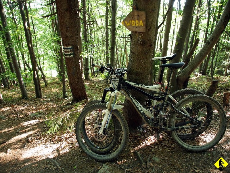 13.jpg - W: Przed Lubaniem atakuje mnie kryzys. Kurcze nóg są na tyle silne, że po prostu siadam na środku stokówki. Próbuje się rozciągać. Naciągając łydkę łapie mnie kurcz czworogłowego uda i na odwrót. Z pomocą przychodzi Michał pokazując świetne ćwiczenia. Z trudem, ale się podnoszę i opierając się o rower zdobywam Lubań. Ale wcześniej atakuję źródło. Tym razem sprawdzone :)