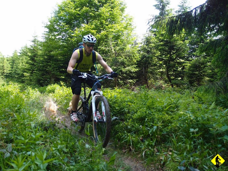 4.JPG - Gdzieś w okolicy Oszusta (1155m) zaczyna grzmieć, co wzbudza moje obawy. Oszust to taki szczyt na który wchodzisz na czworaka i zjeżdżasz na dupie. Zero przyjemności, jeśli masz przy sobie przez przypadek rower :) Tuż przez „ścianą” odbija w prawo ścieżka, która jak się potem okazało, omija górę… FAK! Niewiedza kosztuje.