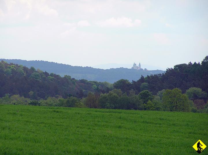 P5100038.jpg - Za Burowem a przed Szczyglicami jedzie się wzdłuż lasu z widokiem na Bielański Klasztor. Odcinek kończy sie ciekawym zjazdem małym wąwozem do Centrum Szczyglic