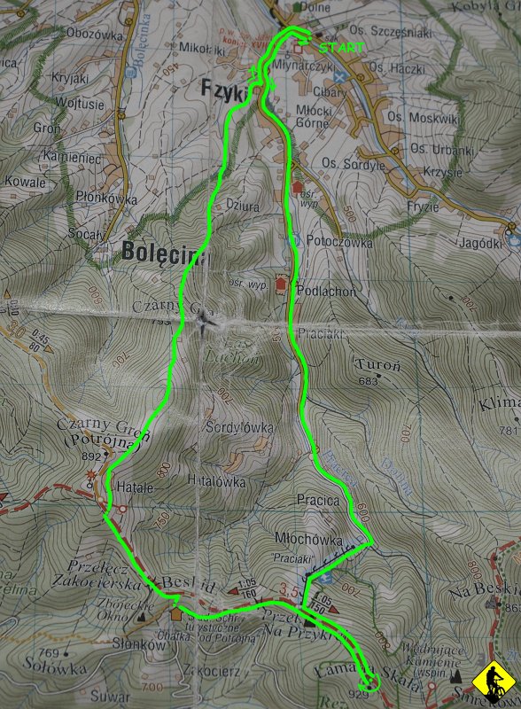 mapa.jpg - Jurek pojechał do firmy co robi sprężyny i dowiedział się, że robią każdą – cena od 200zł wzwyż. W takiej sytuacji kupił podobną za 10zł. Założył, pobujał się po skałkach i podobno działa. Na focie trasa, którą zrobiliśmy. Tyle. Pozdro!