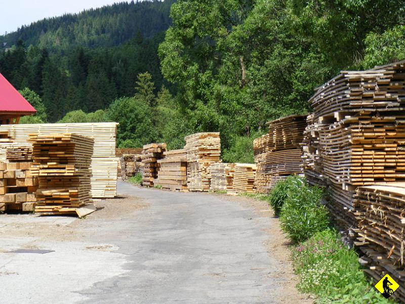 DSCF2291.JPG - Odcinek dojazdowy do terenu (przez Rycerkę Górną) ma ok. 10km. W teren wbijamy się między Beskidem Granicznym a Kikułą. Za zdjęciu lokalny tartak i zawsze pobudzający zapach świeżej ścinki. Czujesz go teraz?! :)